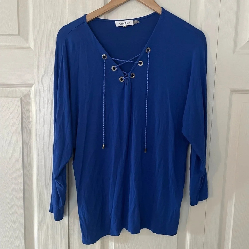 Calvin Klein Blue Lace Up‎ Tie Blouse